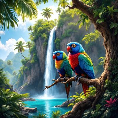 The primary subject of the image is a pair of colorful parrots perched on a tree branch. The setting is a lush, tropical environment with a waterfall in the background. The visual style is a digital art or illustration, creating a vibrant and lively atmosphere. The dominant colors are green, red, and blue, reflecting the natural beauty of the parrots and their surroundings.